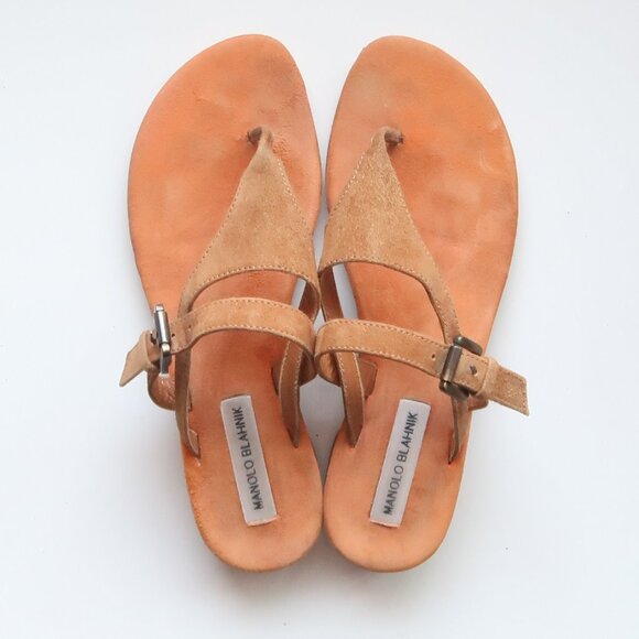 Manolo Blahnik Tan Suede Leather Thong Sandals Luxury Summer Flats Flip Flops 8 - Picture 5 of 16